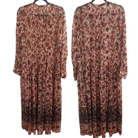 Free People See‎ It Through Floral Maxi Dress Size L Tea Combo $168 EUC - Picture 5 of 9